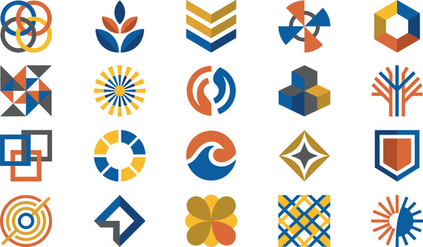 Abstract geometric logo icon bundle set featuring modern colorful shapes corporate identity branding design elements isolated on white background web UI