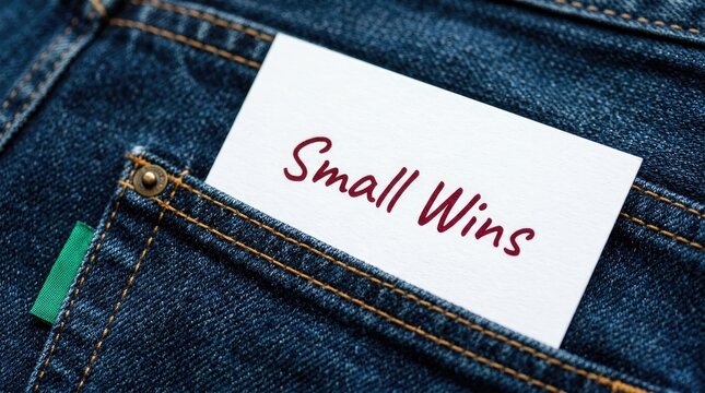 Small wins message written on a white paper card tucked neatly inside the dark blue denim pocket of casual jeans