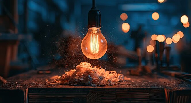 Glowing bulb illuminates wood shavings on a workbench in dim light