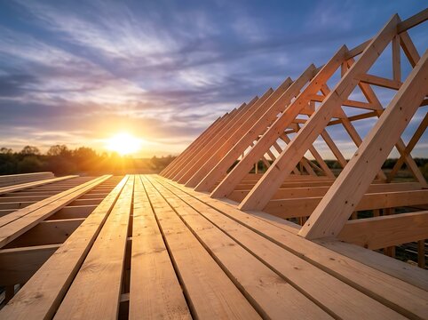 Timber frame construction of residential house roof showcases precision carpentry joints and pine rafters glowing in warm evening sunlight on development site.