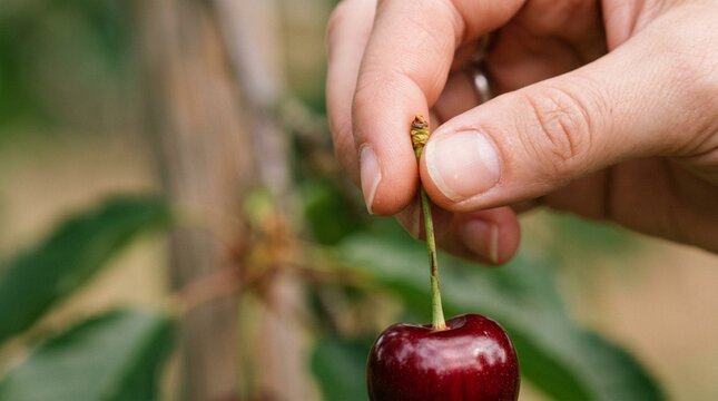 Hand picking ripe cherry from tree, close up, organic fruit harvesting