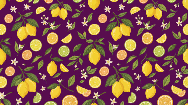 mediterranean lemon and flower seamless repeat vector pattern