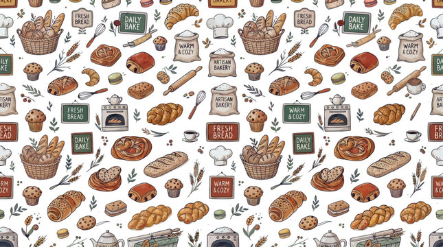 artisan bakery seamless vector pattern design in hand-drawn illustration