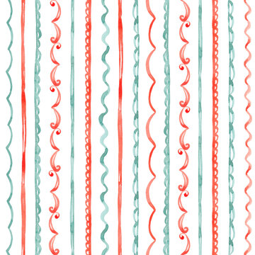 Vertical Geometric seamless pattern hand drawn with watercolor. Bright circus wallpaper with abstract watercolor lines and stripes. Circus digital paper in old style