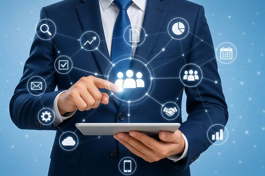 Person in suit interacting with digital team collaboration interface on tablet