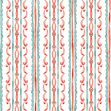 Vertical Geometric seamless pattern hand drawn with watercolor. Bright circus wallpaper with abstract watercolor lines and stripes. Circus digital paper in old style