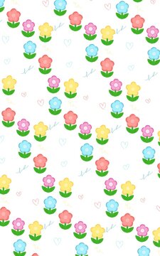 Cute seamless pattern of colorful cartoon flowers in pink, yellow, blue and coral with green leaves on white background. Kawaii spring floral illustration with hearts, perfect for kids, nursery, fabri