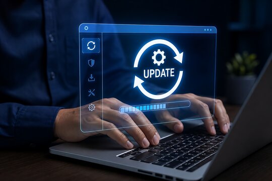 Person updating software on laptop with circular update icon overlay