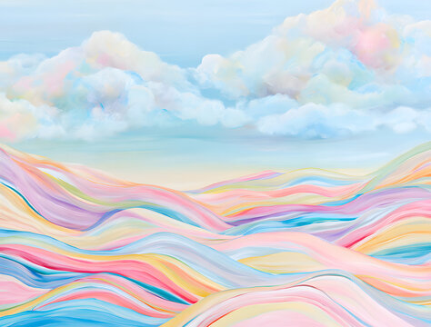 A pastel rainbow landscape, featuring rolling hills with soft, wavy layers in pastel hues, stretches before us. Fleecy white clouds lazily float across a pale blue sky, creating a dreamlike, gentle sc