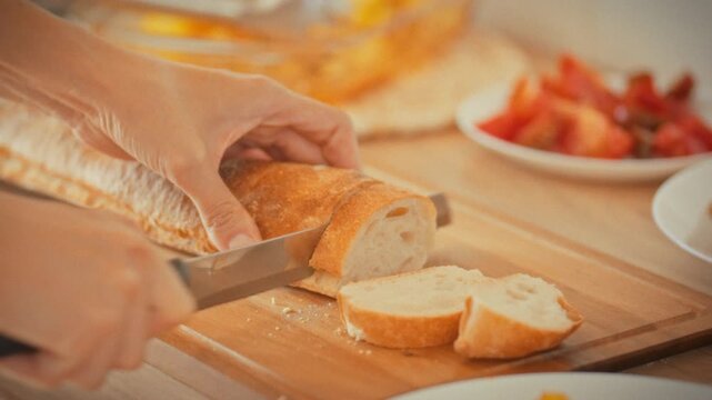 Fresh ciabatta bread cut into small pieces by a housewife with a serrated bread knife on a cutting board. Cooking at home. The concept of natural home cooking and a home-style lifestyle