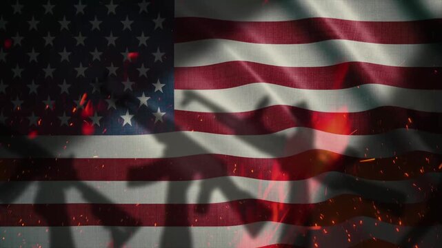 America flag waving with dramatic shadow and fire effect representing national identity and political symbolism