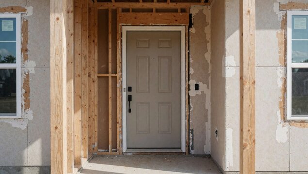 Entrance house construction walls made concrete there windows either side door beige color has black handle wo