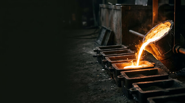 Molten metal being poured into molds in a foundry, showcasing industrial metallurgy, casting, and manufacturing processes with glowing liquid iron