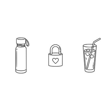 This image features a water bottle, a heart lock, and a refreshing glass of drink, representing hydration, security, and relaxation in a stylized manner.