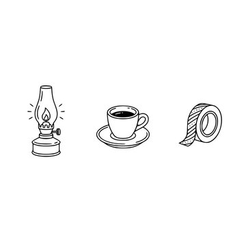 This artistic image combines a lantern, a coffee cup, and a roll of tape, encapsulating cozy comfort, warmth, and creativity in a clean and minimalistic style.