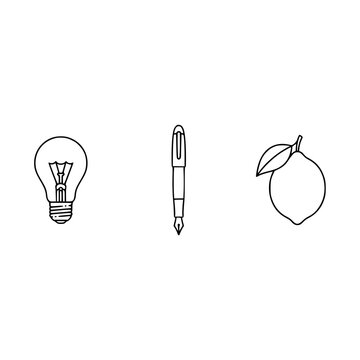 This artistic composition depicts a light bulb, a fountain pen, and a lemon, capturing notions of creativity, inspiration, and zest for life through minimalistic design.