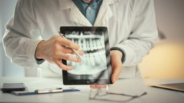 In a bright dental office, a doctor in a white coat shows a patient a tablet with a panoramic tooth image, pointing out problem spots and clearly outlining the upcoming treatment plan