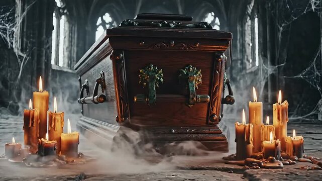 Ornate wooden coffin in a misty gothic crypt, surrounded by flickering candles and cobwebs in moody, dim cathedral lighting.