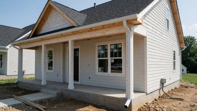 Small white house construction has sloping roof black shingled gable end front porch covered columns window ri