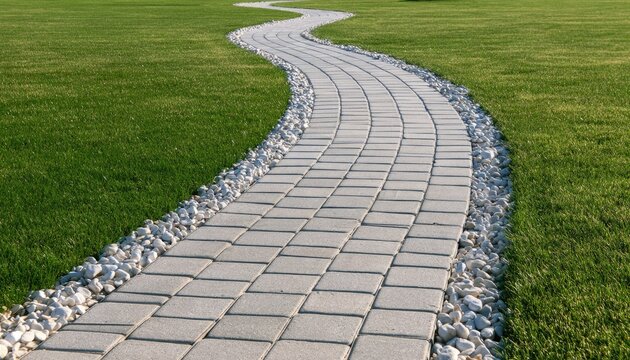 A gently curving stone pathway winds through a lush, green lawn