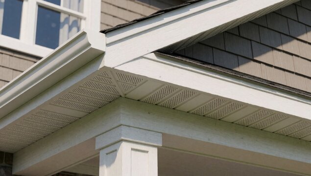Close-up corner house's exterior wall painted light beige color has gray shingled roof right side there white