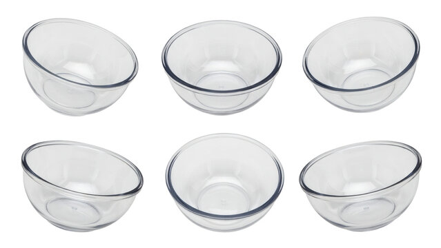 Six empty clear glass bowls arranged in two rows for kitchen use isolated on a transparent background