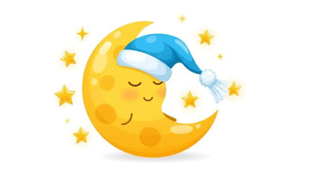 Cute cartoon crescent moon wearing a sleeping cap surrounded by small stars