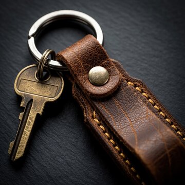 Rustic leather key fob with antique brass key on dark background. Close-up of vintage accessory detail, home security, or travel item. Objekt conveys old style charm.