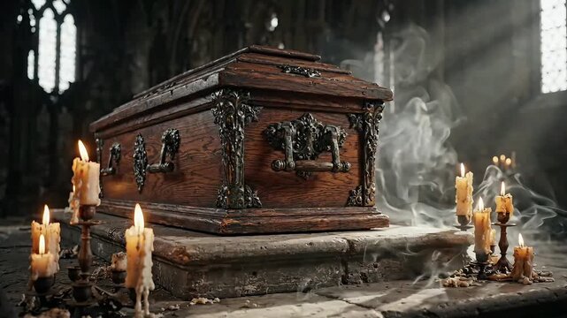 Ornate wooden casket on a stone tomb surrounded by melting candles and rising smoke in a dim, misty gothic crypt with ethereal light beams.
