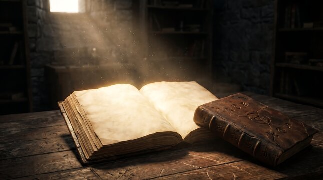Ancient open book glowing on wooden table library