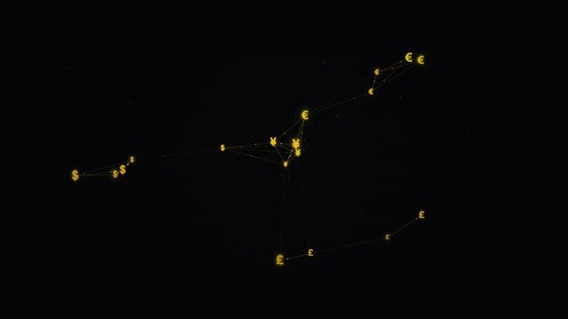 Global financial network of golden Euro currency symbols connected by thin lines representing digital economy and international trade systems