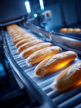 Row of baked bread loaves on a conveyor belt in a factory production line