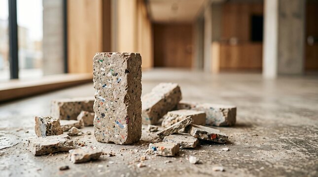 Single architectural concrete block standing upright on a modern interior floor