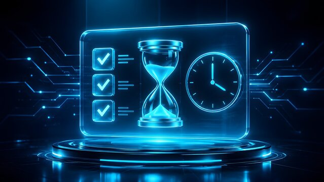 Digital time management concept on a futuristic display featuring an hourglass, clock, and completed task checkboxes