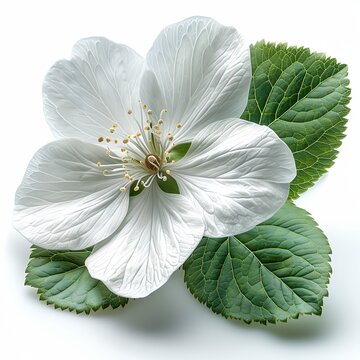 A single, delicate white flower with intricate petals, surrounded by vibrant green leaves, showcasing nature's elegant design