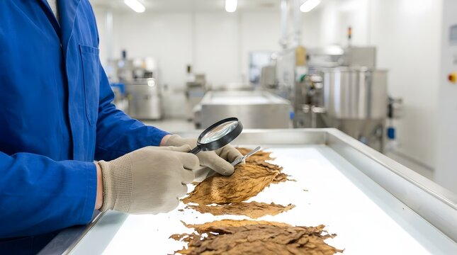 Laboratory Quality Control Inspection of Dried Tobacco Leaves with Magnifying Glass