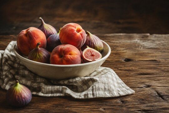 Fresh peaches and figs arranged in colorful still life