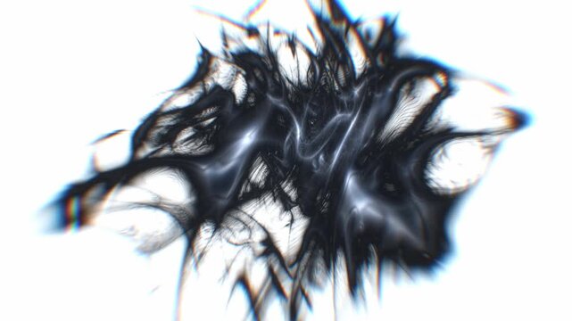 Black ink splatters and chromatic fluid shockwaves burst outwards on an isolated white background in a dynamic 3d rendering