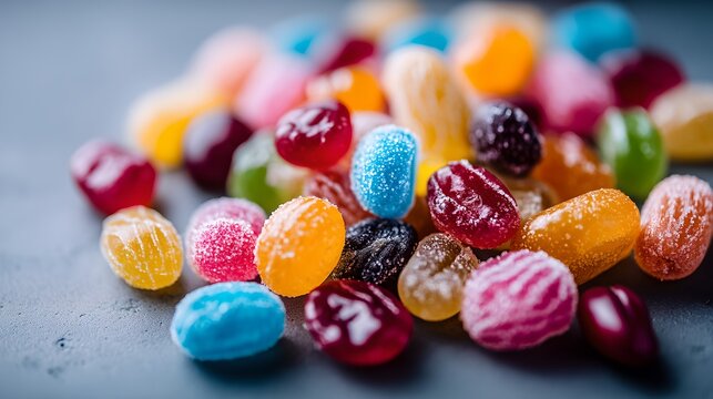 A colorful assortment of jelly beans and candies scattered on a surface, creating a vibrant and tempting display