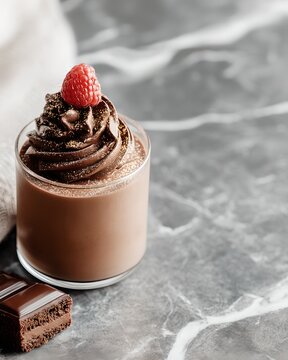 A decadent chocolate mousse dessert topped with whipped cream, cocoa powder, and a fresh raspberry, served in a clear glass with a piece of dark chocolate on the side