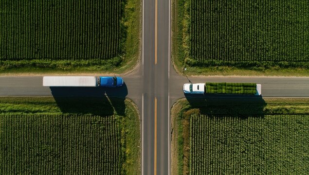 Aerial view of two trucks crossing at a rural intersection with vast green fields
