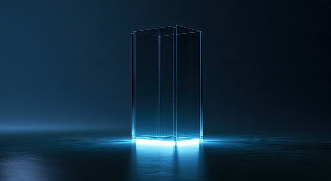 Tall, transparent cuboid structure emitting bright cyan light from its base