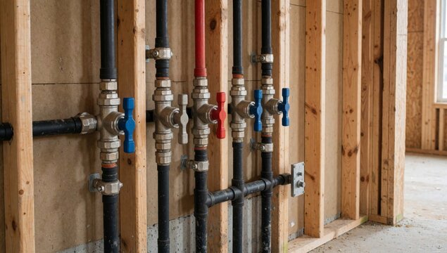 Group pipes valves attached wooden wall construction site different sizes colors black red silver arranged hor