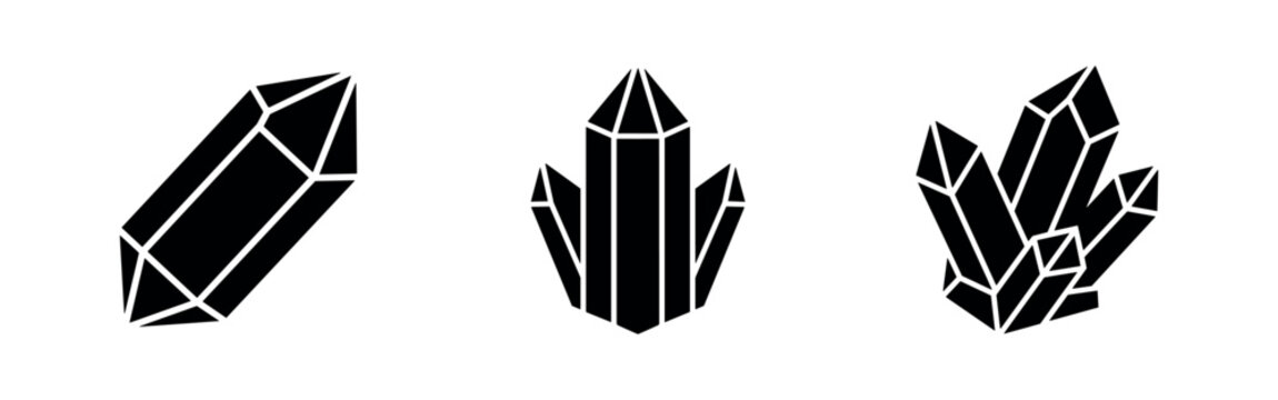 Set of crystal mineral icons. Geometric gemstone, quartz, and geological elements.