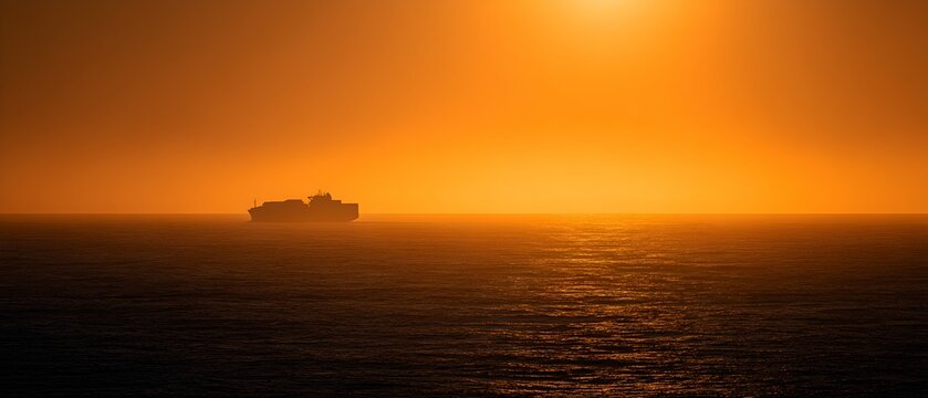 A large cargo ship sails across the ocean bathed in the warm glow of a setting sun. The sky is a vibrant orange, reflecting on the calm sea, creating a sense of vastness and tranquility