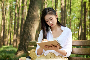 Fototapeta premium Young woman drawing in sketchbook on bench in sunlit forest