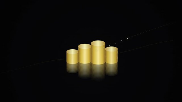 Dynamic golden cylindrical pillars ascending on a sleek reflective surface, symbolizing triumph, success, and outstanding achievement in a minimalist dark environment