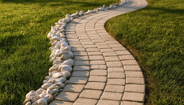 A winding garden path of tan pavers curves through lush green grass