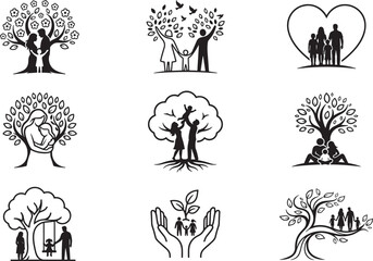 Obraz premium Family Tree Concept Vector Set with Silhouette Elements Showing Parents Children Loving Care and Growth Patterns For Design