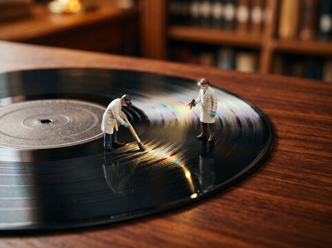 Miniature scientists meticulously clean a vintage vinyl record.